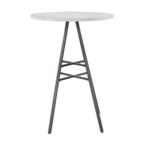 while adding minimalist style.  The 30" round whitewashed wood top is supported by a sturdy metal base in a powder coated slate grey finish.   Your purchase includes one bar height table.