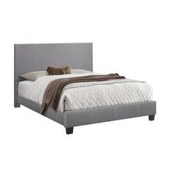 This platform bed features clean lines and contrast stichted design that grounds your bedroom with a modern look. The engineered wood frame is built on tapered legs with a sleek black finish