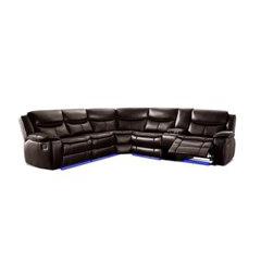 This product is made of faux leather with contrast stitching. It reclines on both ends of the sectional