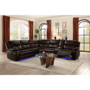 also comes with a center console with two cup holders and storage for the remote by lifting the console. The sectional also has LED light underneath for movie-like settings.