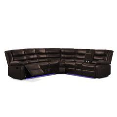 This reclining sectional with LED lighting reclines on both ends of the piece coming with a center storage console with two cup holders. Upholstered in faux leather and supported by web suspensions