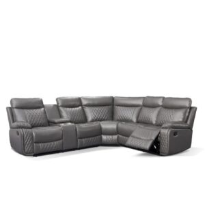 The perfect sectional with console is in a high grade faux leather with quilted back and headrest. This set boasts recliners at both ends and a console with storage and cup holders for comfort.