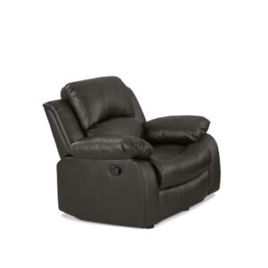 This single chair recliner will make the living room the place to be whether sitting down to watch the game or looking for a space to relax. This manual lever motion gives a smooth recline with two positions to give that feeling of weightlessness. Its soft foam stuffing is encased in rich faux leather and supported by coil springs. Its frame of solid and manufactured wood with metal creates a sturdy structure for added support