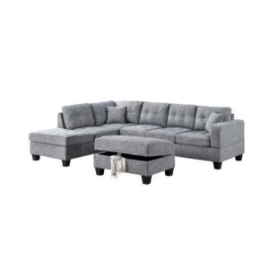 Make a stylish statement in the living room with this modern sectional. This sectional is covered in a thick tweed like fabric for durability and style. The very best feature is the stealthy drop-down cup holder seat back. It's made of solid and manufactured wood