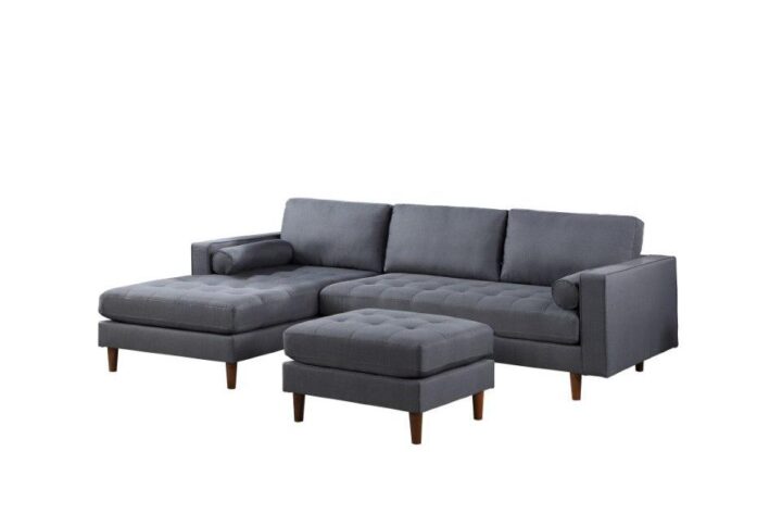 Make a stylish statement in the living room with this modern sectional. This sectional is covered in a woven fabric for durability and style. It's made of solid and manufactured wood