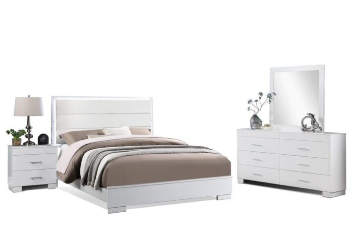 This bed has a strong lined silhouette with white finish hue. Its bed has 4 slats & support legs for the bed. Features a LED headboard with 3 settings to set the mood. This set includes queen size bed