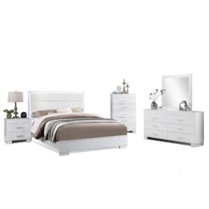 This bed has a strong lined silhouette with white finish hue. Its bed has 4 slats & support legs. Features a LED headboard with 3 settings to set the mood. This set includes queen size bed