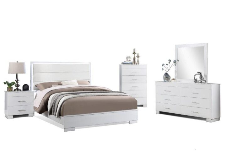 This bed has a strong lined silhouette with white finish hue. Its bed has 4 slats & support legs. Features a LED headboard with 3 settings to set the mood. This set includes queen size bed