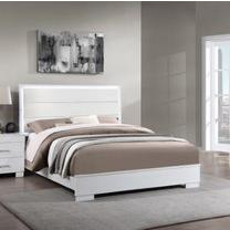 This bed has a strong lined silhouette with white finish hue. Its bed has 4 slats & support legs for the bed. Features a LED headboard with 3 settings to set the mood.