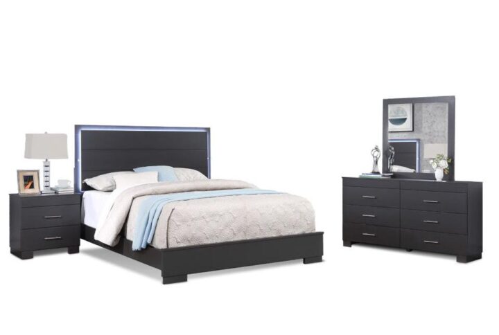 This bed has a strong lined silhouette with charcoal finish hue. Its bed has 4 slats & support legs. Features a LED headboard with 3 settings to set the mood. This set includes queen size bed