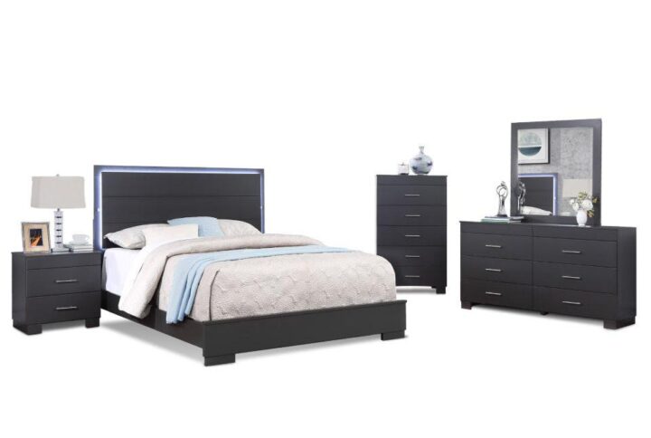This bed has a strong lined silhouette with charcoal finish hue. Its bed has 4 slats & support legs. Features a LED headboard with 3 settings to set the mood. This set includes queen size bed