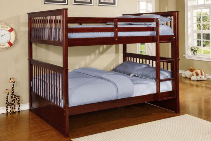 This full over full bunk bed is designed in traditional mission style. It comes with an attached sturdy front ladder which gives easy access to the top bunk bed. This bunk bed includes safety rails that run along the upper bunk for extra security. Unlike other full over full bunk beds