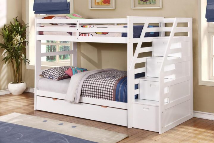This bunk bed is a fun and safe alternative to traditional ladder bunk beds. The steps have a deep drop down storage and also can be used on either side of the bunk bed. This bed showcases fine craftsmanship and a space-saving design