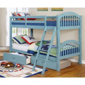This arched design twin over twin bunk bed adds a classic touch to your bedroom decor. It comes with an attached sturdy front ladder which gives easy access to the top bunk bed. This bunk bed includes safety rails that run along the upper bunk for extra security. Unlike other twin over twin bunk beds