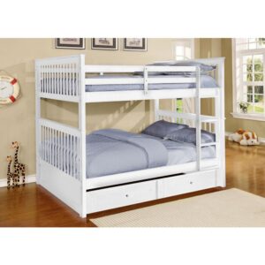 This full over full bunk bed with trundle/storage is designed in traditional mission style. It comes with an attached sturdy front ladder which gives easy access to the top bunk bed. This bunk bed includes safety rails that run along the upper bunk for extra security. Unlike other full over full bunk beds