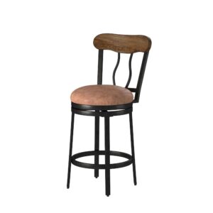 The Mandray Counter Stool adds a touch of rustic warmth to your dining or kitchen space.   The 360-degree swivel cushioned seat rests atop a sturdy metal frame with a harp-back design and distressed solid wood cap rail.   Also included is a comfortable foot rail and adjustable leg levelers.  Your purchase includes one counter height stool.