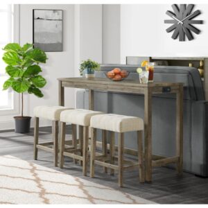 Step into the enchanting world of rustic modern living with the Wyeth Dining 4-piece bar set by Cambridge! This ensemble boasts a counter-height table and three oh-so-comfy upholstered stools