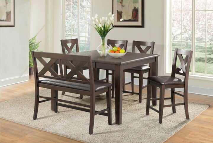Enjoy modern counter-height dining with the Huntington 6-piece dining set by Cambridge. This stylish set includes a convertible table
