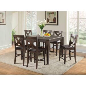 Enjoy modern counter-height dining with the Huntington 7-piece dining set by Cambridge. This stylish set includes a convertible slatted table and six side chairs comfortably seating six people. Rustic cross back chairs are upholstered in an easy-to-clean faux leather fabric. Remove the 18-inch drop leaf to reduce the table size