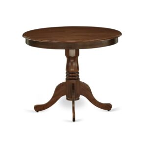effortlessly blending style and comfort. This kitchen table set comprises a Round kitchen table and 4 inviting upholstered dining chairs that seamlessly merge modern and timeless aesthetics. The dinner table stands out with its Antique Walnut finish and robust legs