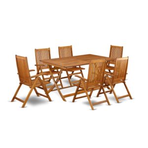Our 7-piece outdoor set consists of 1 patio dining table and 6 Multi-position outside chairs that can sit up to 6 people easily. Enjoy your family time with this stunning 7-piece wood patio set. This patio table set is constructed with fine Acacia Wood for durability and endurance. This rectangular-shaped patio dining table is developed in a unique style with unique aspects