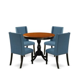 The Gorgeous 3 Piece Dinning Room Table Set  Is Consists Of 1 Round Pedestal Table And 2 Matching Padded Chairs. Our Kitchen Chairs Add A Sense Of Elegance To Your Room And The Modern Style Is Compatible Seamlessly With Any Décor. The Contemporary High Chair Back Of This Kitchen Chair Blends Beautifully With The Linen Fabric Seat