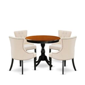The Gorgeous 3 Piece Dinning Room Table Set  Is Consists Of 1 Round Pedestal Table And 2 Matching Padded Chairs. Our Kitchen Chairs Add A Sense Of Elegance To Your Room And The Modern Style Is Compatible Seamlessly With Any Décor. The Contemporary High Chair Back Of This Kitchen Chair Blends Beautifully With The Linen Fabric Seat
