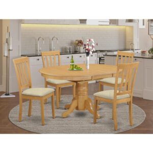 The dinette set is a 5-piece set of gorgeous table with a stronger carved pedestal support. The Beveled oval table completes with four long lasting dinette chairs that create cozy and comfortable kitchen space environment. The whole 5-piece table and chairs set material is wood with a nice Oak finish; the dining chairs offer elegant carvings with Linen upholstery providing sufficient support