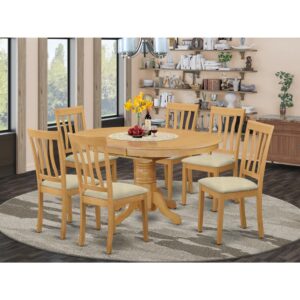 This particular 7-piece Dining room table set material is wood with a fancy Oak finish; the dining chairs offer sophisticated carvings with Linen upholstery providing sufficient support. The table set is a 7-piece set of gorgeous dinette table with a stronger carved pedestal support. The Beveled oval table completes with four strong dining chairs that create warm and comfortable kitchen space environment.