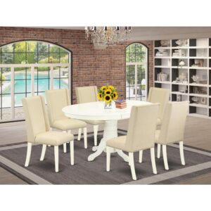 Our dining table set includes 6 wonderful parson chairs and a fantastic pedestal legs dining room table. The modern dining room table set delivers a Linen White hardwood modern dining table and frame and a great Cream upholstered dining chairs seat and high back that bring elegance to your dining-room and increase the elegance of your fantastic dining area. The superior quality of our amazing chairs helps our attractive customers to get relaxation and feel free when getting their meal. This wood table crafted from premium quality rubber wood which can bear the weight of 300 Lbs. Our parson dining chairs have a wooden structure with a luxury seat of superior quality foam which is covered with Linen Fabric that offers you relaxation with family or friends. This listing has a premium color of Linen White finish for dining room table and Cream parson chairs. Our stunning premium colors enhance the beauty of your dining room and provide a luxurious glance to your dining room or dining area. East West furniture always created from modern furniture along with easy assembling parts. We try to keep our furniture parts modern as well as simple. Our high-class round dining table set is ideal for your gorgeous dining area as well as the kitchen. You can use it for casual home parties. Keep enjoying East West modern furniture!