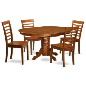 the dining room table set is available with wood or upholstered seat chairs.Built in self storage extension leaf can be collapsed subtly underneath the tabletop when not being used.The ladder back design of the dinette chairs present lovely and striking lines while presenting adequate resting support.