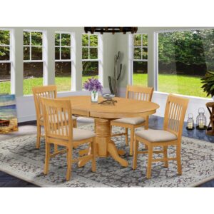 The dinette table set is a 5-piece set of spectacular kitchen table with a stronger carved pedestal support. The Beveled oval table completes with four long lasting kitchen dining chairs that create cozy and comfortable kitchen space environment. The whole 5-piece Dining table set material is wood with a perfect Oak finish; the kitchen chairs offer classy carvings with Linen upholstery providing sufficient support