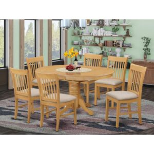 The whole 7-piece Dining table set material is wood with a perfect Oak finish; the kitchen chairs offer classy carvings with Linen upholstery providing sufficient support. The dinette table set is a 7-piece set of spectacular kitchen table with a stronger carved pedestal support. The Beveled oval table completes with four long lasting kitchen dining chairs that create cozy and comfortable kitchen space environment.