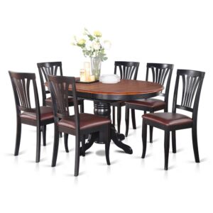 the dining room set comes available with hardwood or upholstered seat chairs.Built-in self storing extendable leaf can be collapsed discreetly underneath the table top when not in use.Lightly arced dining chairs back boasts lovely carving while giving you ample support.