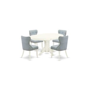 East West Furniture AVSI5-LWH-15 of 4-piece kitchen chairs with Linen Fabric Baby Blue color and a gorgeous a two-side 18 butterfly leaf oval wooden dining table with Linen White color