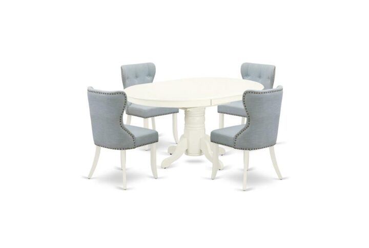 East West Furniture AVSI5-LWH-15 of 4-piece kitchen chairs with Linen Fabric Baby Blue color and a gorgeous a two-side 18 butterfly leaf oval wooden dining table with Linen White color