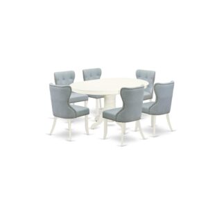 East West Furniture AVSI7-LWH-15 of six-piece kitchen dining chairs with Linen Fabric Baby Blue color and a wonderful a two-side 18 butterfly leaf oval dining table with Linen White color