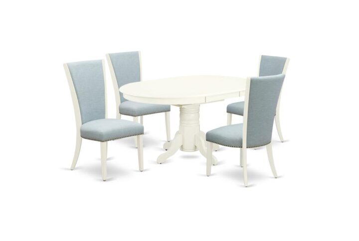 East West Furniture AVVE5-LWH-15 of 4-piece parson chairs with Linen Fabric Baby Blue color and a stunning a two-side 18 butterfly leaf oval pedestal kitchen table with Linen White color