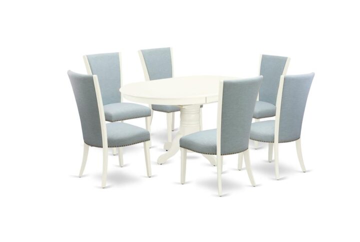 East West Furniture AVVE7-LWH-15 of six-piece dining room chairs with Linen Fabric Baby Blue color and an eye-catching a two-side 18 butterfly leaf oval pedestal kitchen table with Linen White color