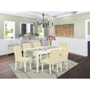 luxurious Linen White finish well-fitted to your dining room. The fresh and clean lines dominate the cutting-edge design of the rectangular dining table. This standard dinette table can fit 4 to 6 persons easily. This amazing kitchen table makes a really good addition for all kitchen space and corresponds all sorts of dining-room concepts. The wooden table is created from prime quality rubber wood known as Asian Hardwood. No heat treated pressured wood like MDF