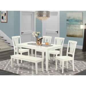 sleek Linen White finish well-fitted to your dining room. The fresh and clean lines dominate the cutting-edge design of the rectangular table. This kitchen set provides you with subtle and cleanly made dining chairs made out of solid wood with a matching Linen White finish. This standard table can fit 4 to 8 persons easily. This particular dining chairs present fashionable and comfy seating