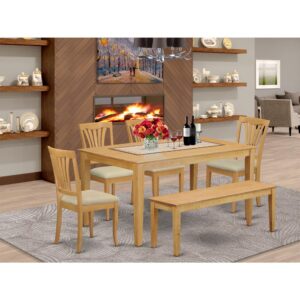 dining-room or deck? This fine quality wooden dining room set offered in a gorgeous Oak finish could serve as a part of your furniture set. The set includes a table and a set of four chairs with comfortable seats and a long bench. As with all our products