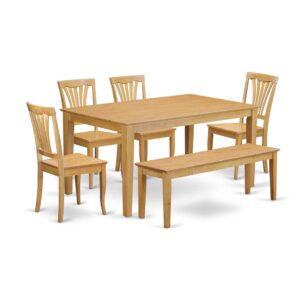 dining area or deck? This great wooden dining room table set available in a gorgeous Oak finish could work as a part of your furniture set. The set consists of a table and a set of four chairs with comfortable seats and a long bench. As with all our products