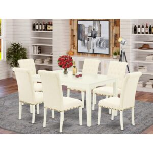 bring this exclusive CABR7-LWH-02 dinette set includes a rectangular table and six parson chairs. The fresh and clean lines dominate the cutting-edge design of the rectangular dining table. This standard dinette table can fit 4 to 6 persons easily. This amazing kitchen table makes a really good addition for all kitchen space and corresponds all sorts of dining-room concepts. Made up of prime quality rubber wood