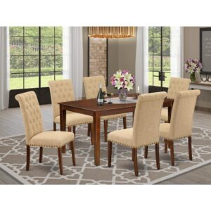 bring this exclusive CABR7-MAH-04 dinette set includes a rectangular table and six parson chairs. The fresh and clean lines dominate the cutting-edge design of the rectangular dining table. This standard dinette table can fit 4 to 6 persons easily. This amazing kitchen table makes a really good addition for all kitchen space and corresponds all sorts of dining-room concepts. The wooden table is created from prime quality rubber wood known as Asian Hardwood. Made up of prime quality rubber wood