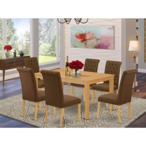 bring this exclusive CABR7-OAK-18 dinette set includes a rectangular table and six parson chairs. The fresh and clean lines dominate the cutting-edge design of the rectangular dining table. This standard dinette table can fit 4 to 6 persons easily. This amazing kitchen table makes a really good addition for all kitchen space and corresponds all sorts of dining-room concepts. Made up of prime quality rubber wood