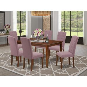 bring this exclusive CACE7-MAH-10 dinette set includes a rectangular table and six parson chairs. The fresh and clean lines dominate the cutting-edge design of the rectangular dining table. This standard dinette table can fit 4 to 6 persons easily. This amazing kitchen table makes a really good addition for all kitchen space and corresponds all sorts of dining-room concepts. Made up of prime quality rubber wood