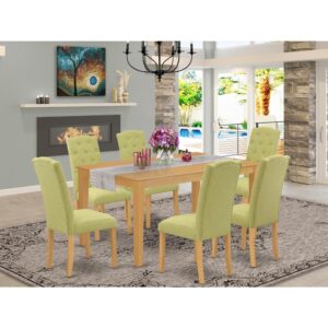 bring this exclusive CACE7-OAK-07 dinette set includes a rectangular table and six parson chairs. The fresh and clean lines dominate the cutting-edge design of the rectangular dining table. This standard dinette table can fit 4 to 6 persons easily. This amazing kitchen table makes a really good addition for all kitchen space and corresponds all sorts of dining-room concepts. Made up of prime quality rubber wood