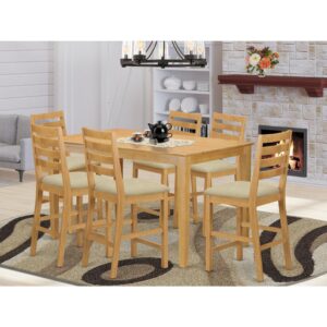 Add charm to your kitchen or dining space with our modern high quality Rubberwood table and chairs set made for long-lasting use. This Counter Height set comes in a rich Oak finish. This kind of high-class table and chairs set contains 1 kitchen table and six armless kitchen chairs. The table comes with a Bevel-shaped top with four legs at each corner and without leaf. Each chair has four legs at each corner linked together andfeatures an exclusively simple wooden surface. The whole set is a combination of simpleness and contemporary style. It’s very easy to maintain and can readily blend with many decors.