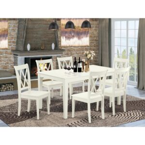 sleek Linen White finish well-fitted to your dining room. The fresh and clean lines dominate the cutting-edge design of the rectangular table. This kitchen set provides you with subtle and cleanly made dining chairs made out of solid wood with a matching Linen White finish. This standard table can fit 4 to 8 persons easily. Slender Double X back kitchen chairs finished in rich Linen White color with wood seats present fashionable and cozy seating. Made up of hardwood